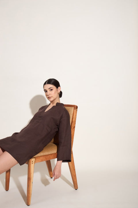 100% Linen V-Neck Long Sleeve Mini Dress – Mocha