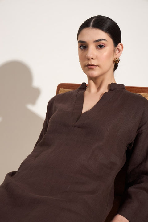 100% Linen V-Neck Long Sleeve Mini Dress – Mocha