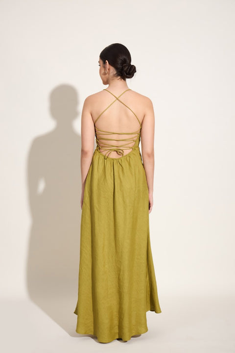 100% Linen Strappy Back Maxi Dress – Green