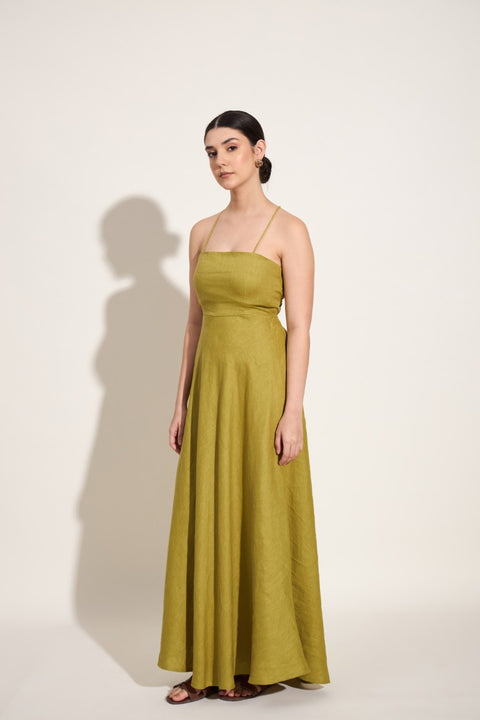 100% Linen Strappy Back Maxi Dress – Green