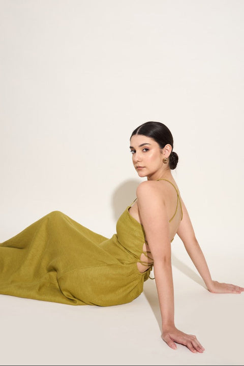 100% Linen Strappy Back Maxi Dress – Green