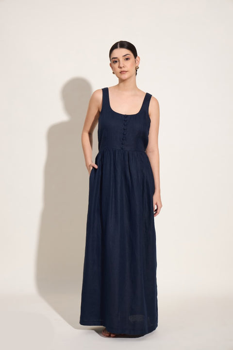 100% Linen Maxi Dress | Navy