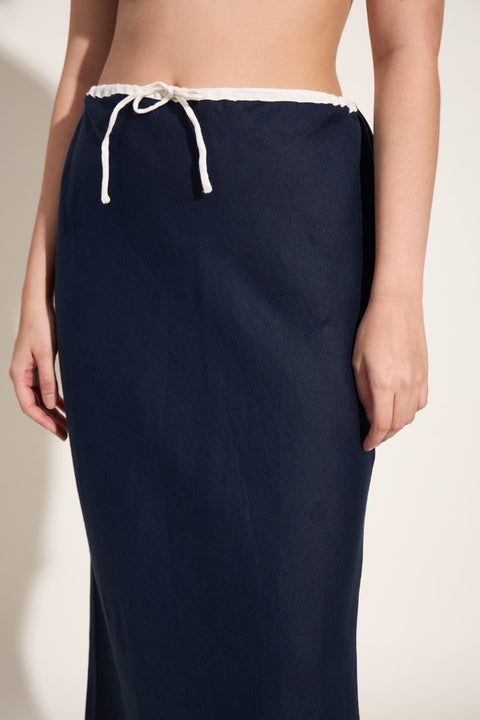 100% Linen Tie-Up Skirt Set – Navy with Ivory Trim