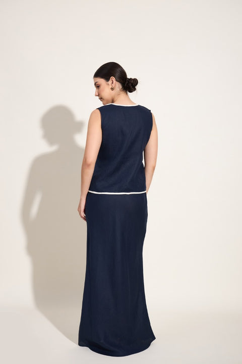 100% Linen Skirt – Navy with Ivory Trim
