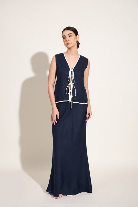 100% Linen Skirt – Navy with Ivory Trim