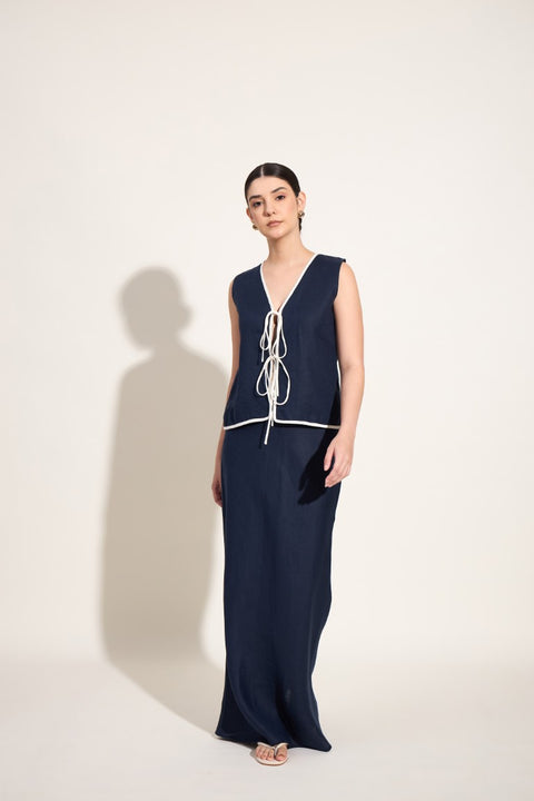 100% Linen Tie-Up Skirt Set – Navy with Ivory Trim