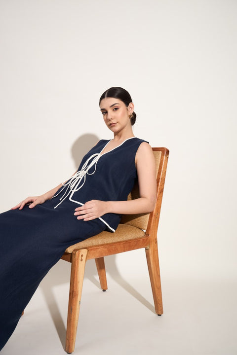 100% Linen Skirt – Navy with Ivory Trim