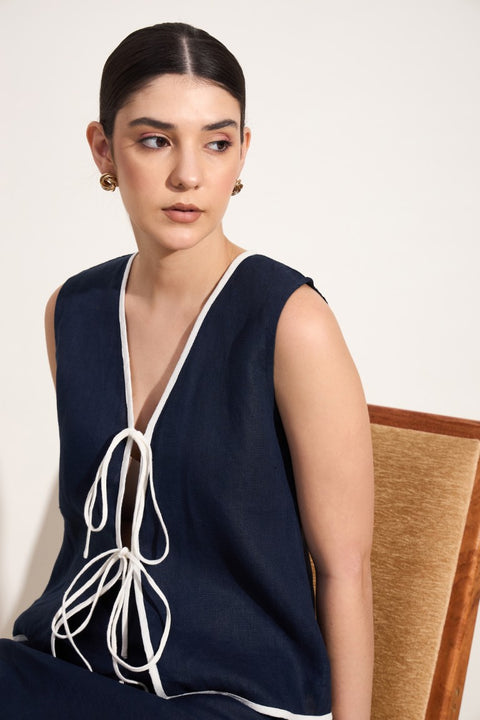 100% Linen Tie-Up Top – Navy