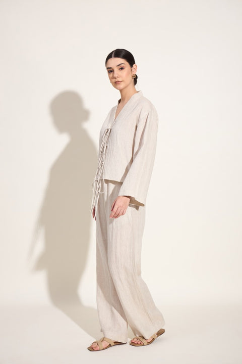100% Linen Tie-Up Co-ord Set – Oatmeal