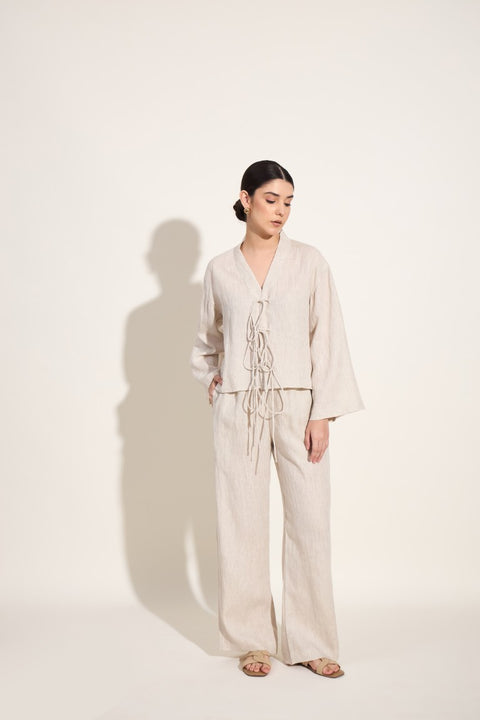 100% Linen Tie-Up Top – Oatmeal