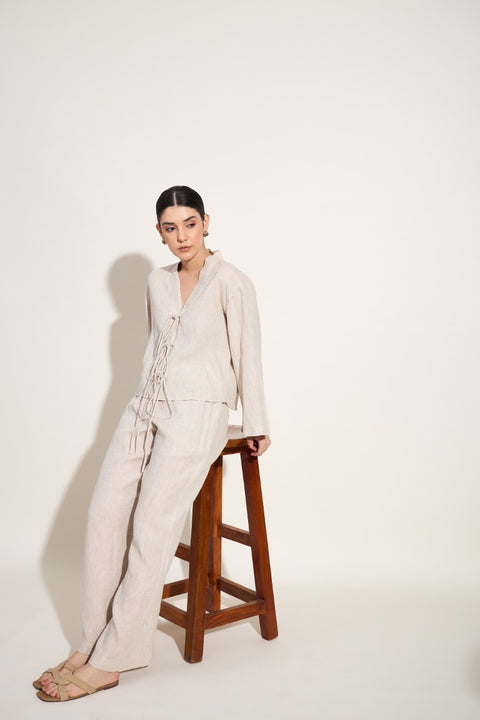 100% Linen Tie-Up Co-ord Set – Oatmeal