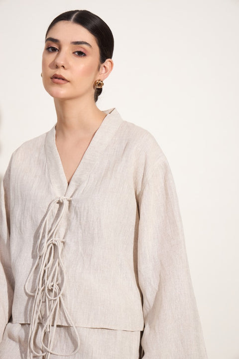 100% Linen Tie-Up Top – Oatmeal