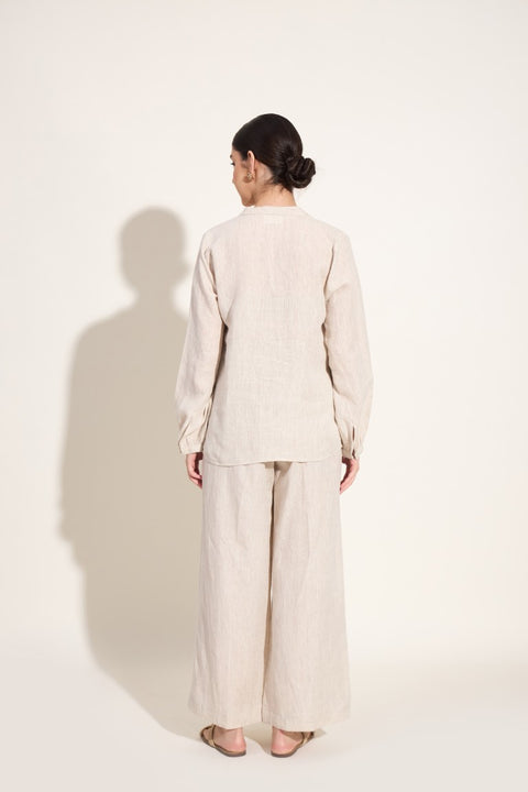 100% Linen Pleated Wide-Leg Pants – Oatmeal