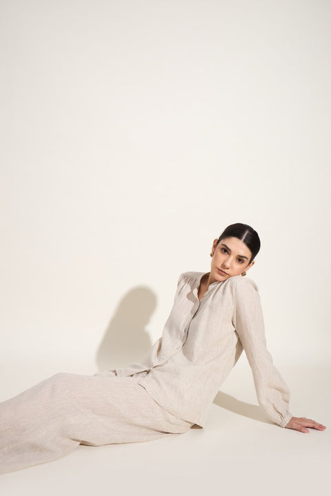 100% Linen Pleated Wide-Leg Pants – Oatmeal