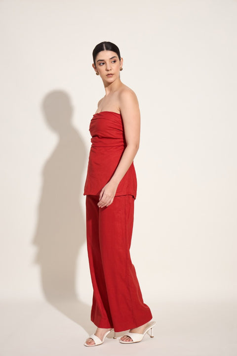 100% Linen Smocked Tube Co-ord Set – Cherry Red