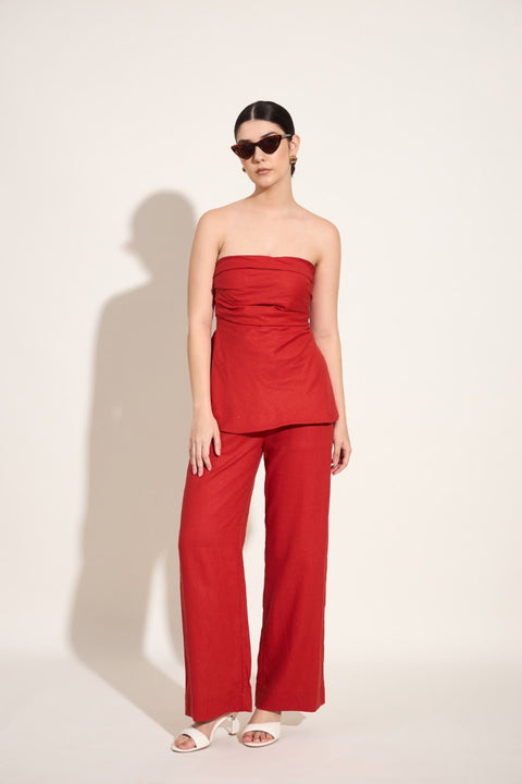 100% Linen Smocked Tube Co-ord Set – Cherry Red