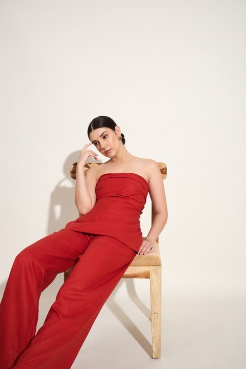 100% Linen Drawstring Pants – Cherry Red