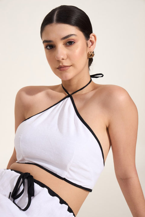 100% Linen Halter Crop Top – White with Black Trim