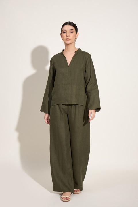 100% Linen Kurta Top – Olive