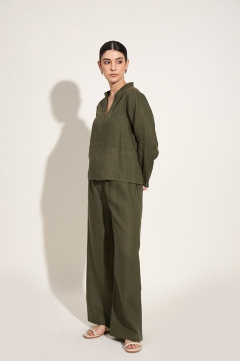 100% Linen Kurta Co-ord Set – Olive