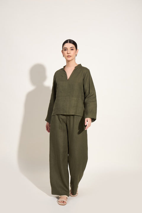 100% Linen Kurta Co-ord Set – Olive