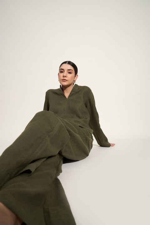 100% Linen Kurta Top – Olive