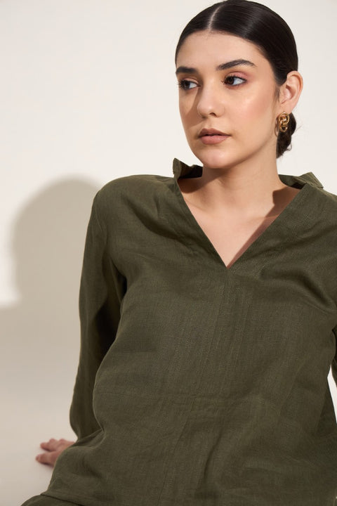 100% Linen Kurta Top – Olive