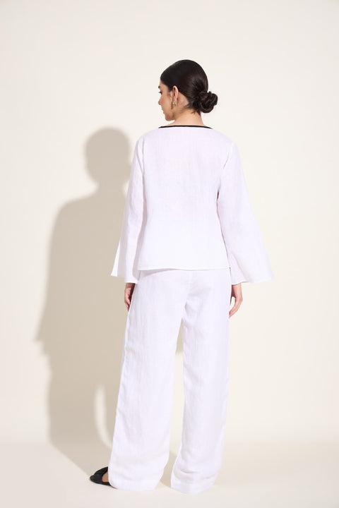 100% Linen Tie-Up V Neck Top – White