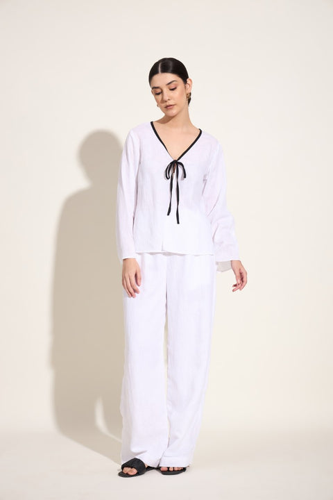 100% Linen Tie-Up Co-ord Set – White with Black Trim