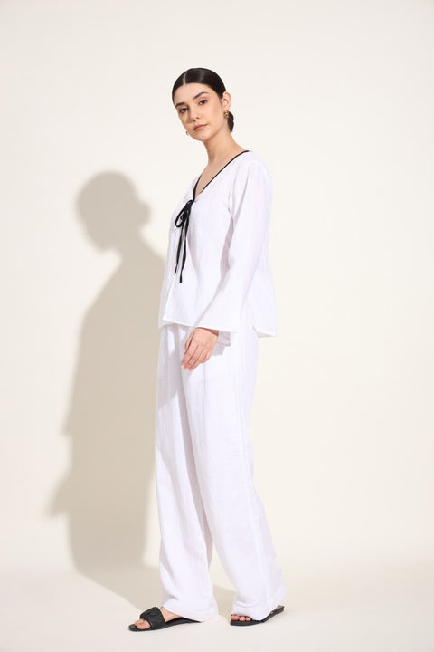 100% Linen Tie-Up Co-ord Set – White with Black Trim