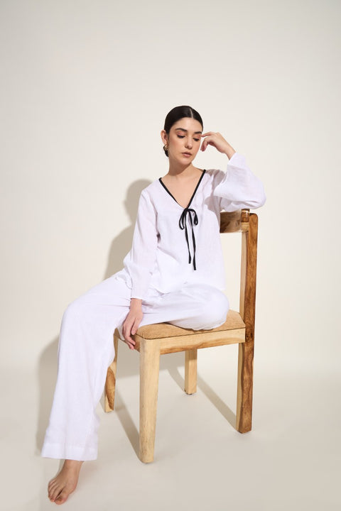 100% Linen Tie-Up Co-ord Set – White with Black Trim