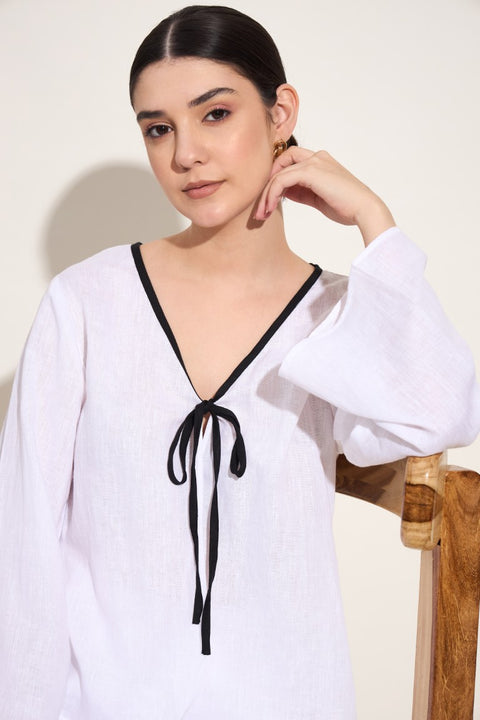 100% Linen Tie-Up V Neck Top – White