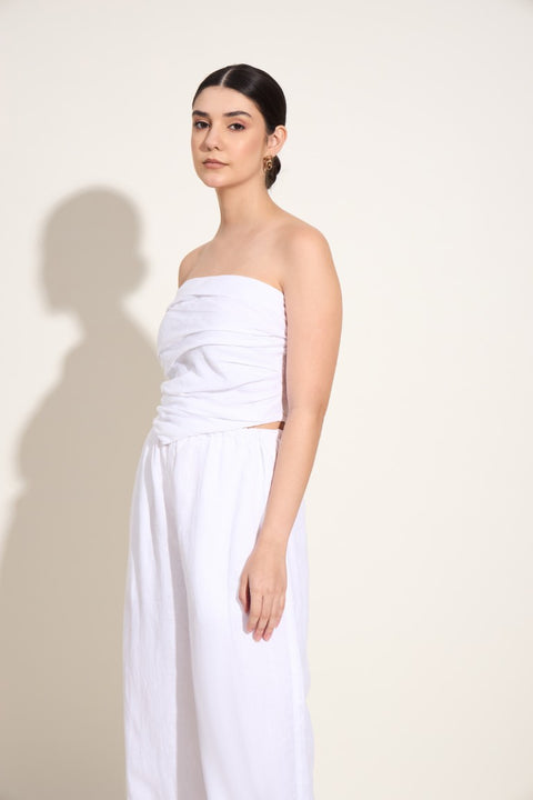 100% Linen Smocked Tube Co-ord Set – White