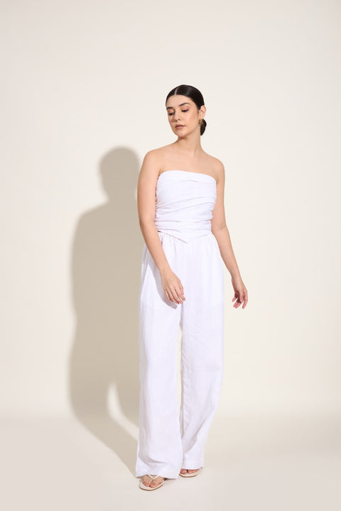 100% Linen Smocked Tube Co-ord Set – White