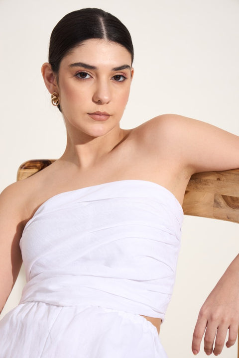 100% Linen Smocked Tube Top – White