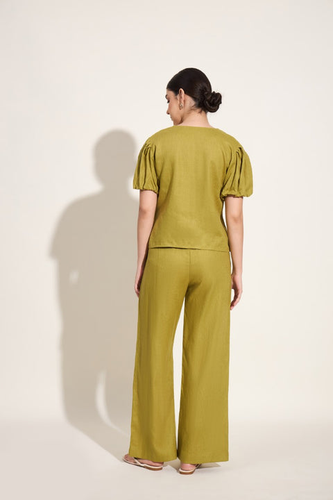 100% Linen Puff Sleeve Tie-Up Top – Olive
