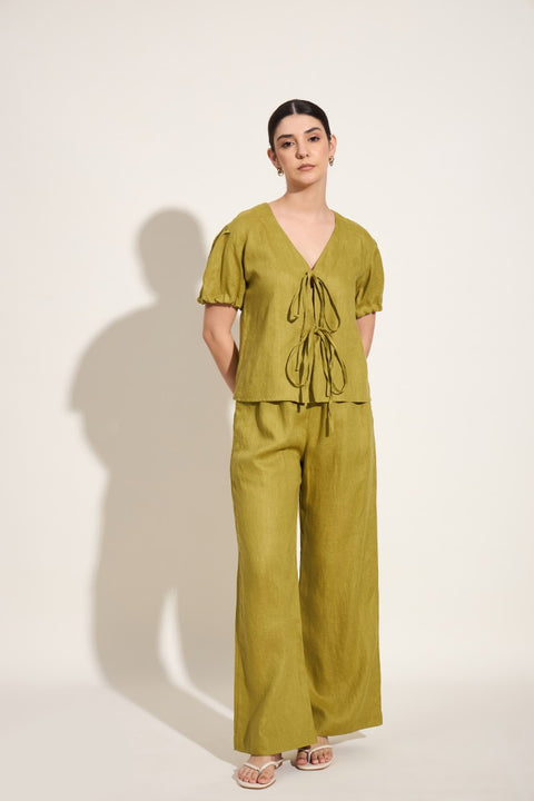100% Linen Puff Sleeve Tie-Up Top – Olive