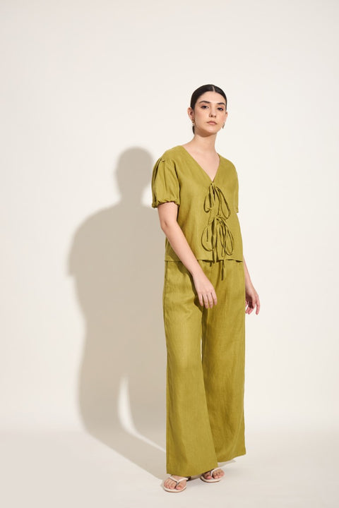 100% Linen Tie-Up Co-ord Set – Green