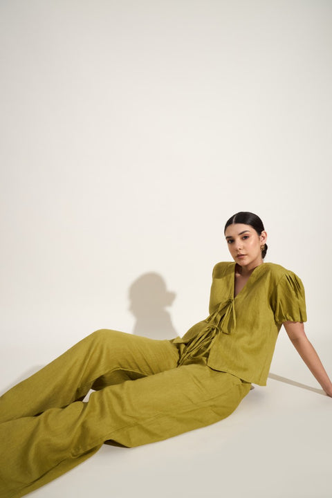 100% Linen Tie-Up Co-ord Set – Green
