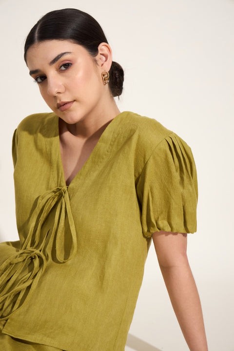 100% Linen Puff Sleeve Tie-Up Top – Olive
