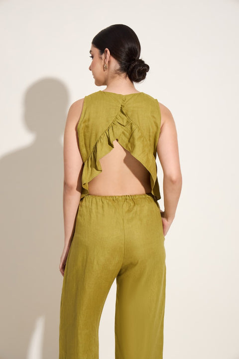 100% Linen Ruffle Back Sleeveless Top – Olive