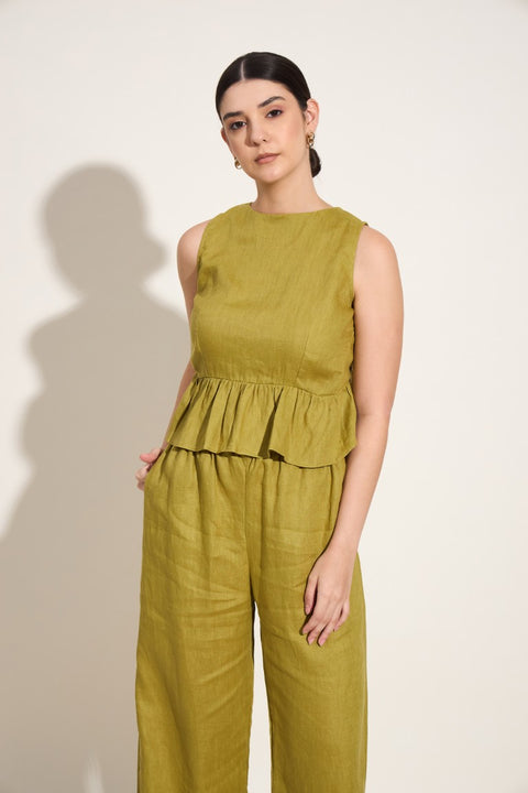100% Linen Ruffle Back Sleeveless Top – Olive