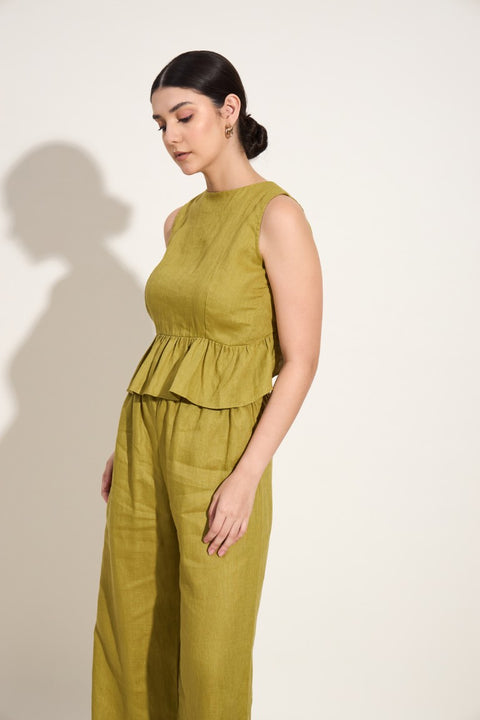 100% Linen Ruffle Back Co-ord Set – Green