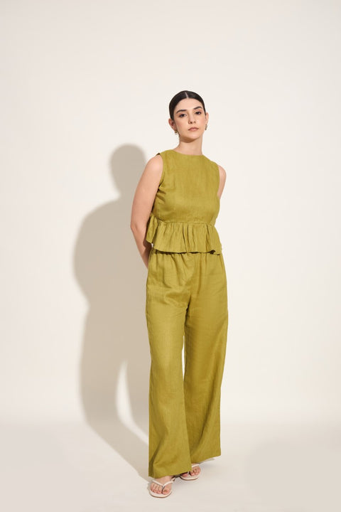 100% Linen Ruffle Back Co-ord Set – Green
