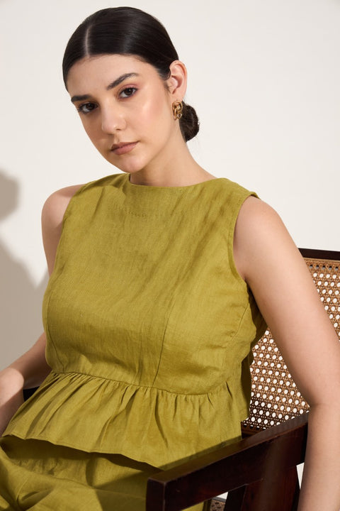 100% Linen Ruffle Back Sleeveless Top – Olive