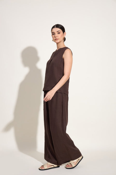 100% Linen Seamless Wide-Leg Trousers – Mocha