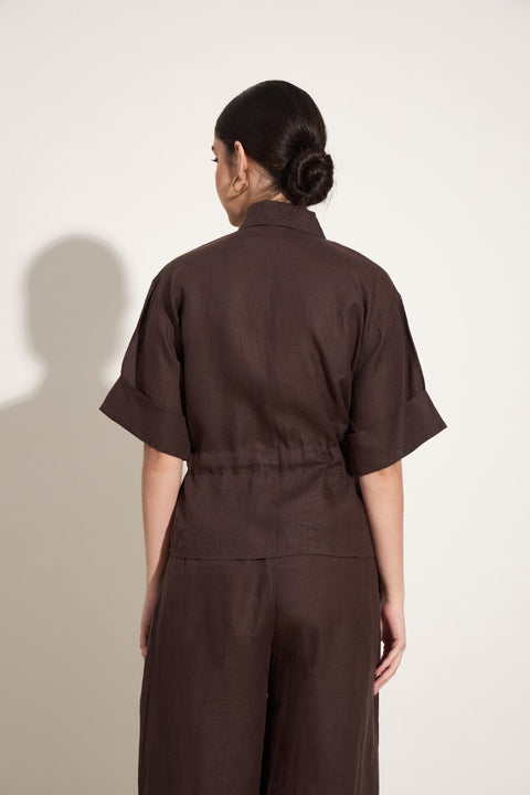 100% Linen Utility Shirt with Belt – Mocha