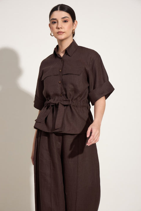 100% Linen Utility Shirt with Belt – Mocha
