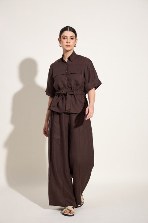 100% Linen Seamless Wide-Leg Trousers – Mocha