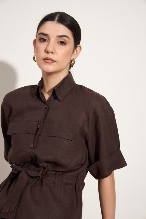 100% Linen Utility Shirt with Belt – Mocha